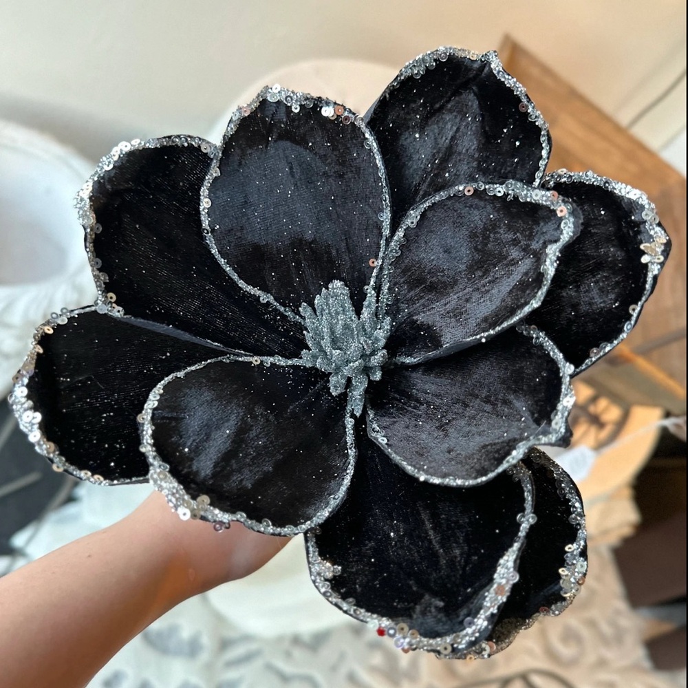 Black Velvet Magnolia Flower with Silver Glitter Edges Pack of 3